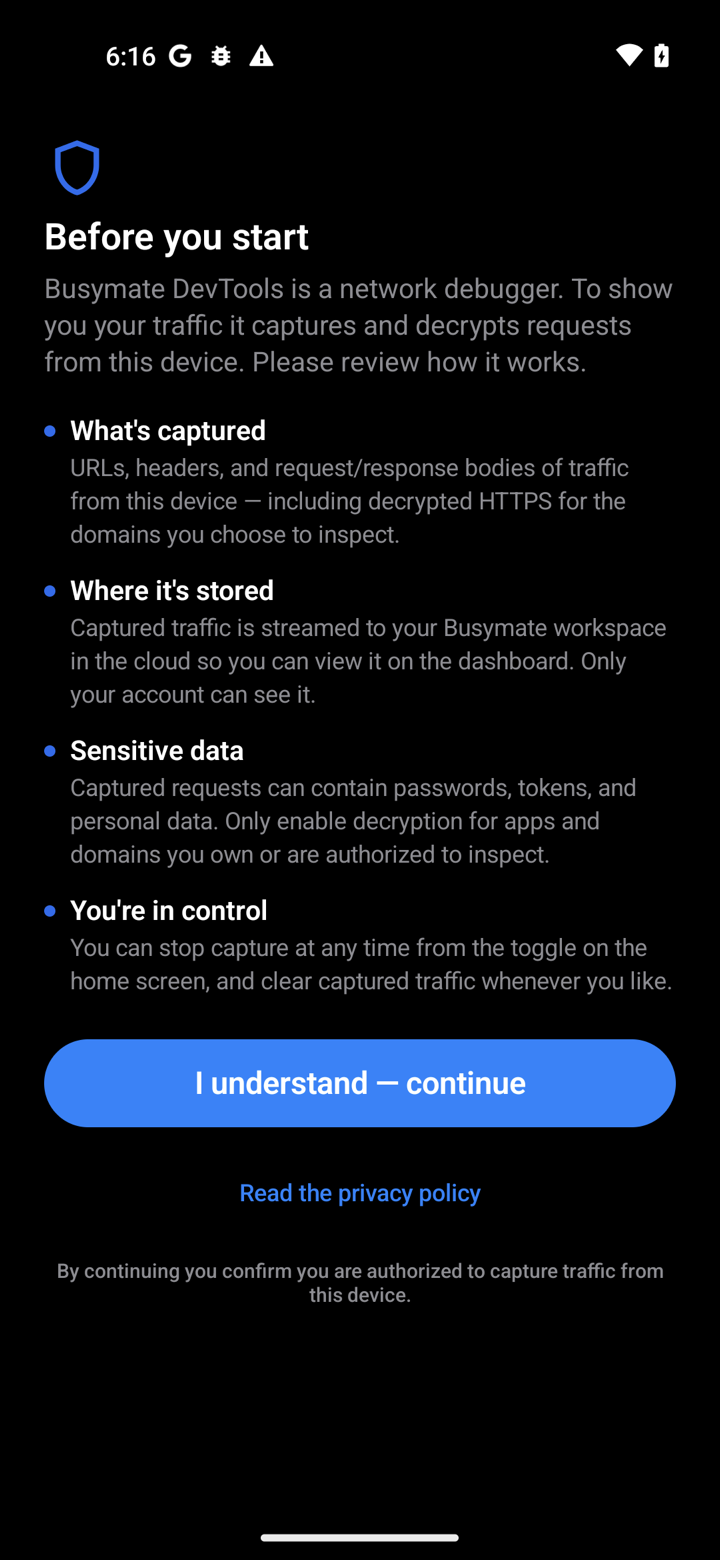 Busymate DevTools consent screen on Android