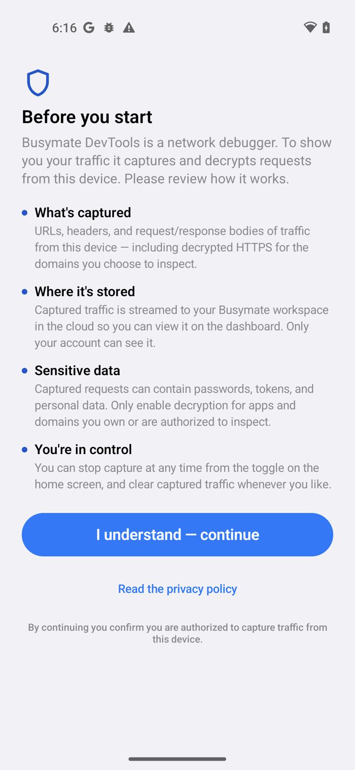 Busymate DevTools consent screen on Android