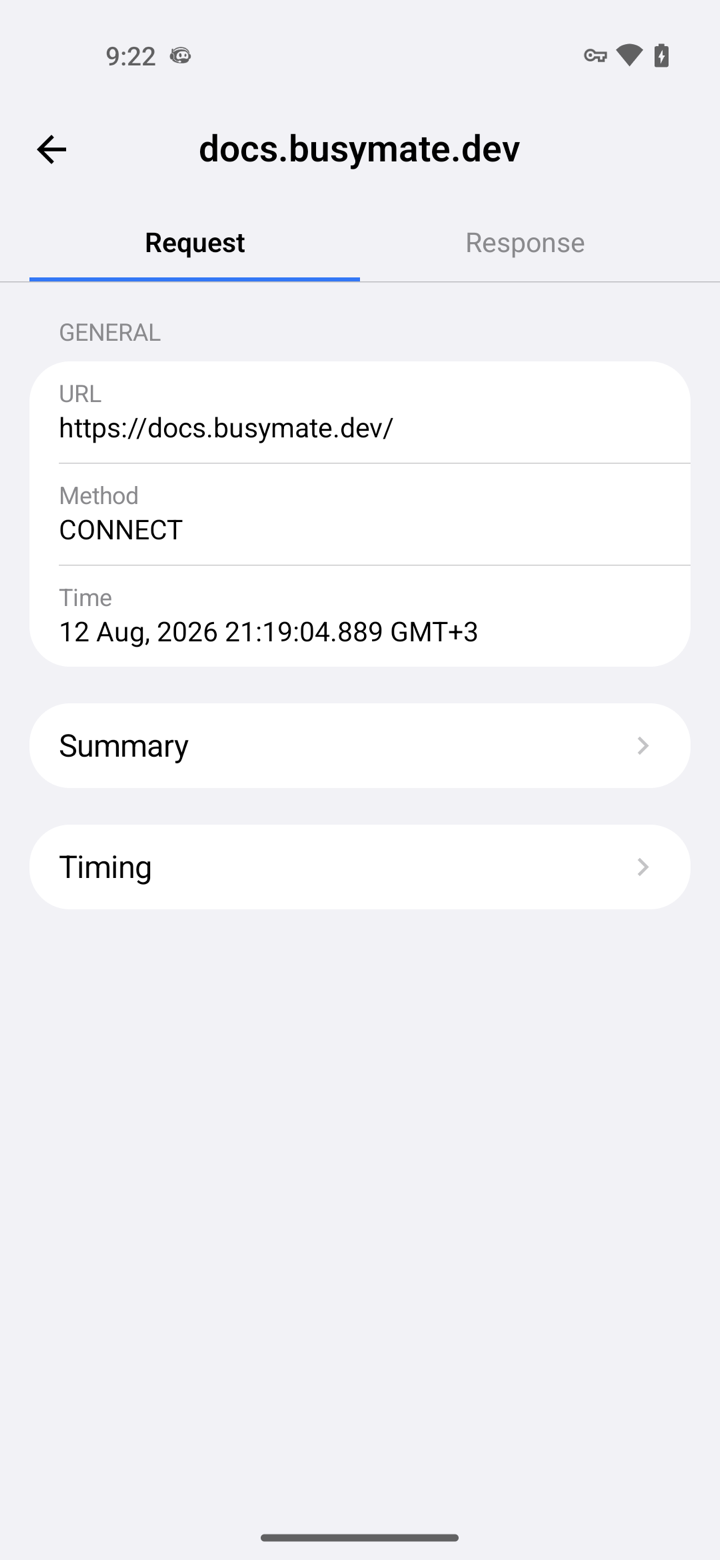 Busymate DevTools request detail view on Android