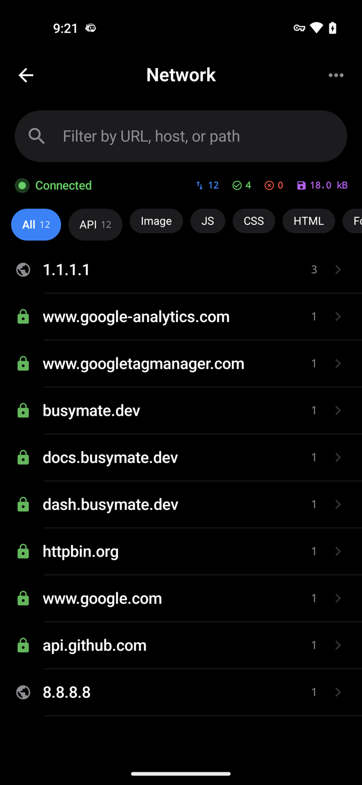Busymate DevTools real-time network feed on Android