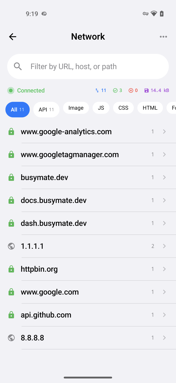 Busymate DevTools real-time network feed on Android