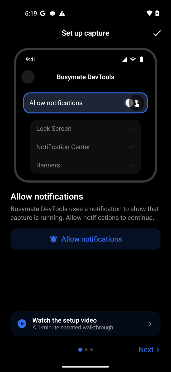 Busymate DevTools guided capture setup on Android