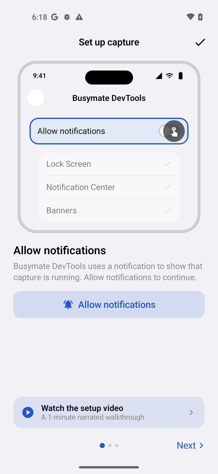 Busymate DevTools guided capture setup on Android