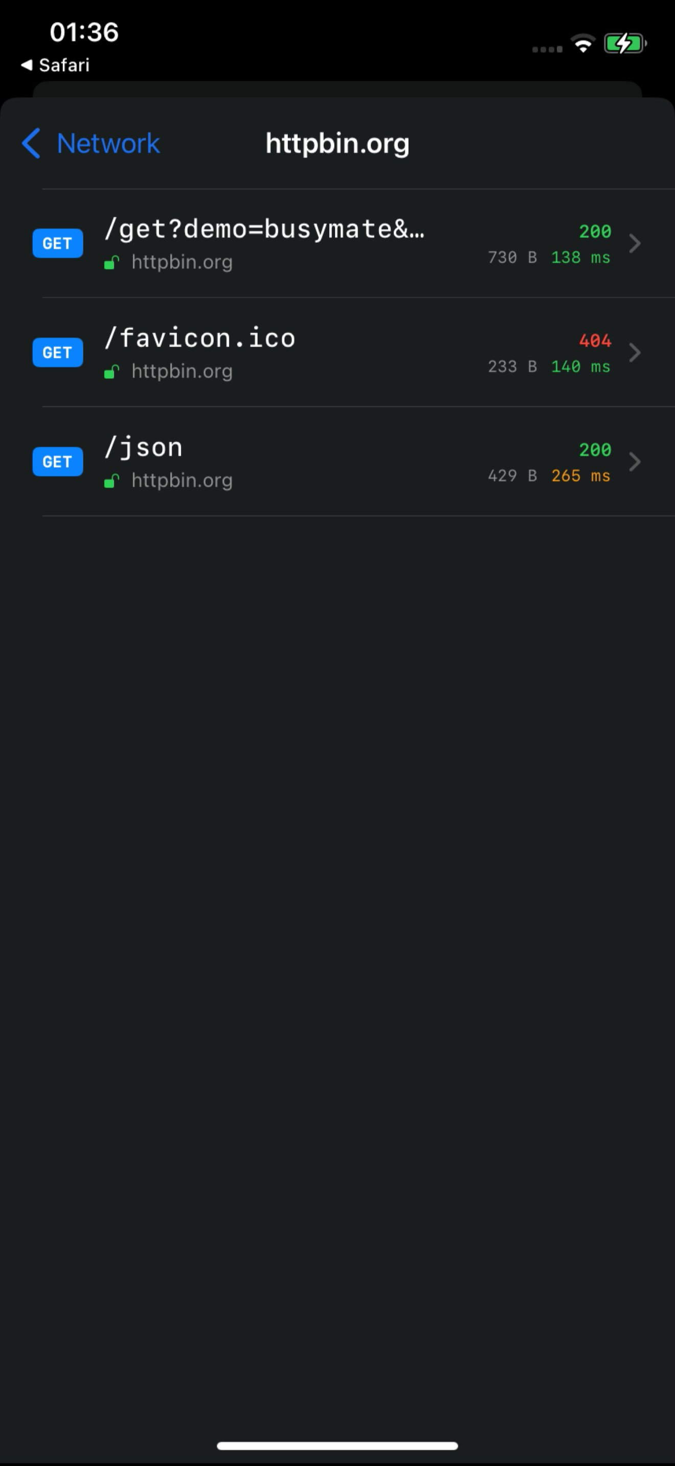 Busymate DevTools real-time network feed on iPhone