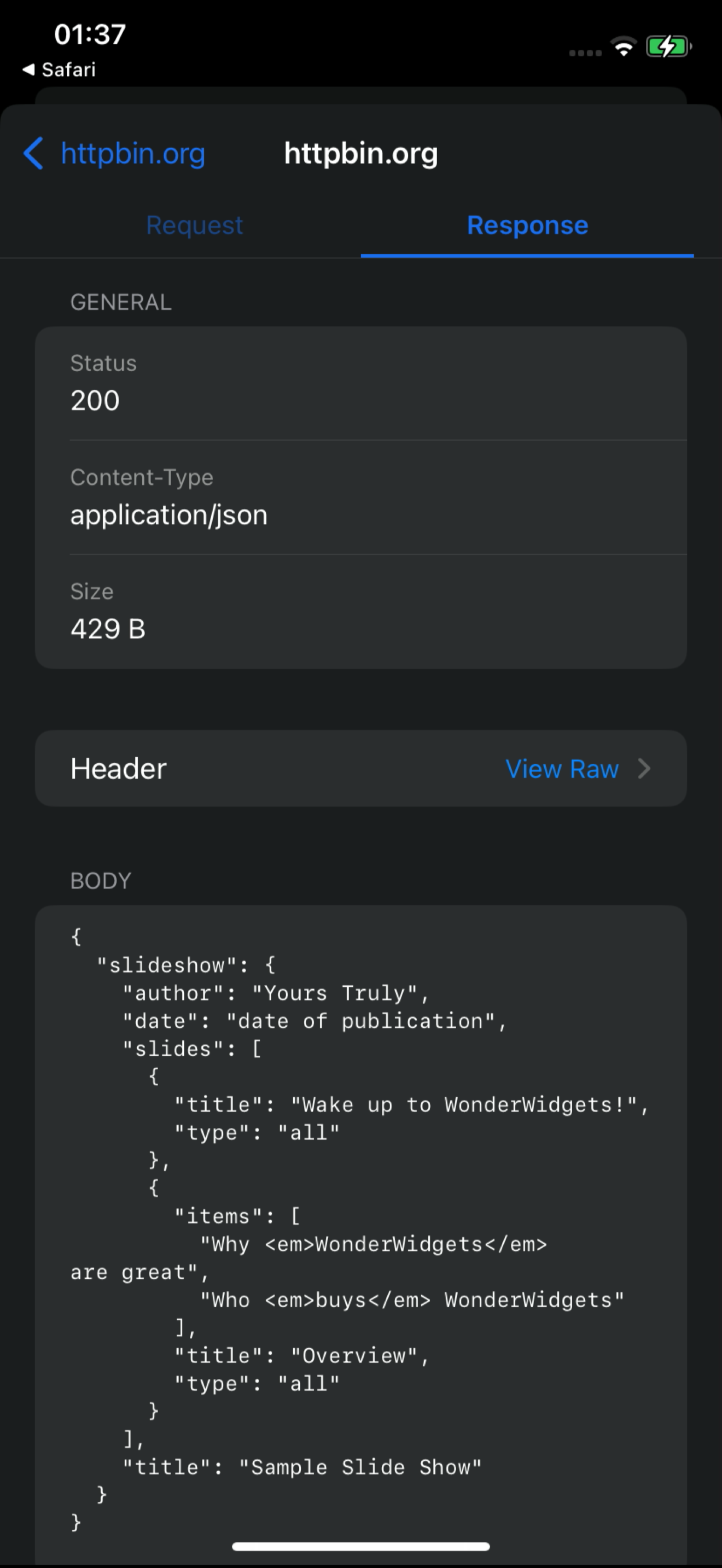 Busymate DevTools request detail view on iPhone