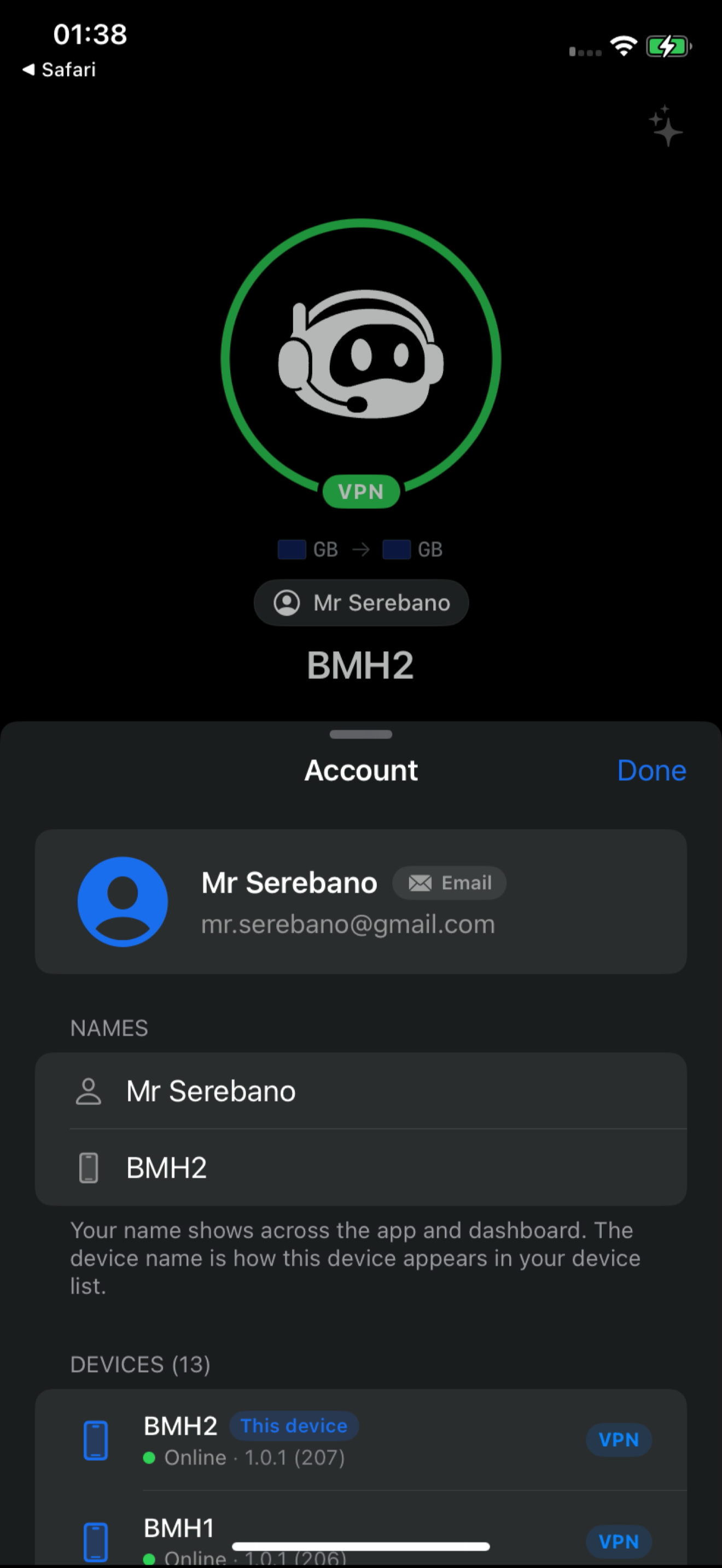 Busymate DevTools account & sync screen on iPhone