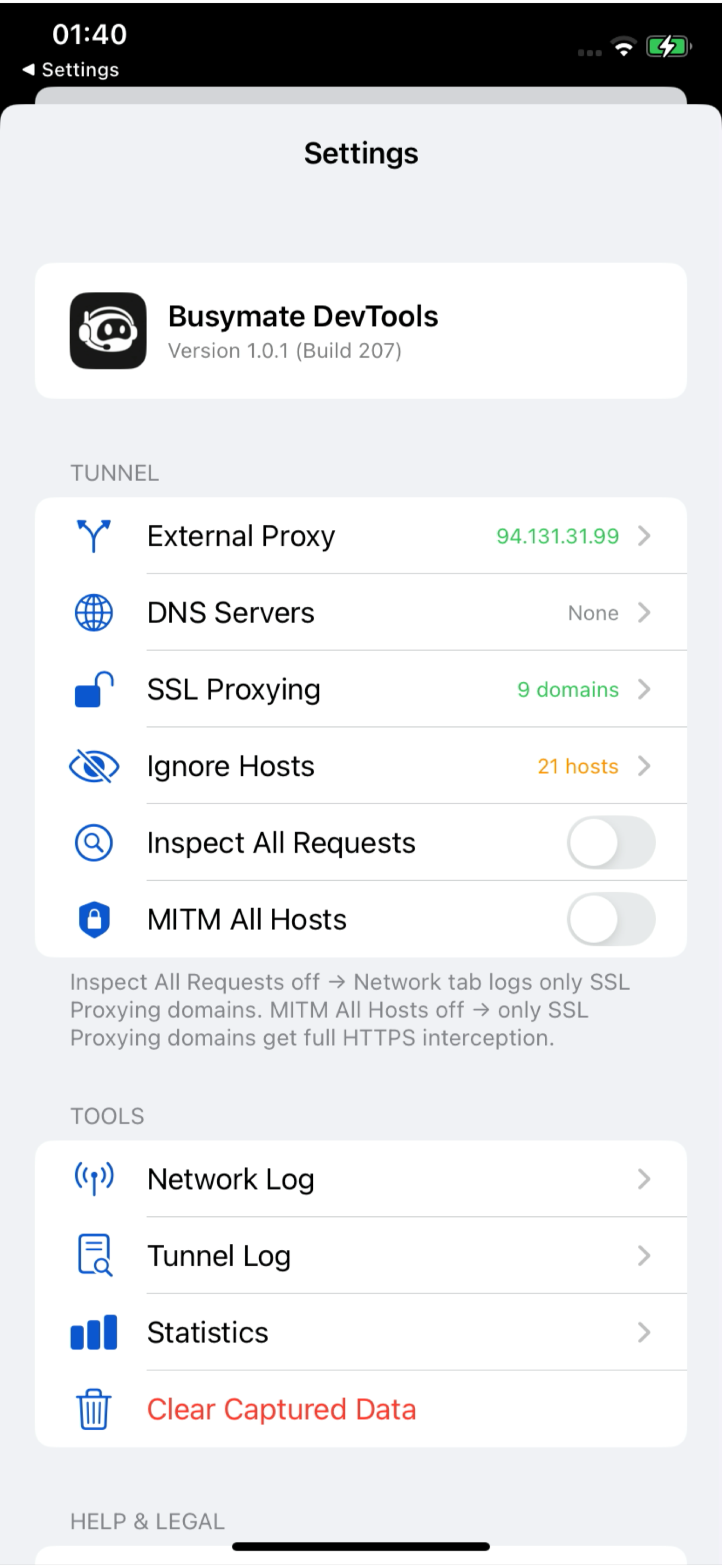 Busymate DevTools SSL-proxy domain settings on iPhone