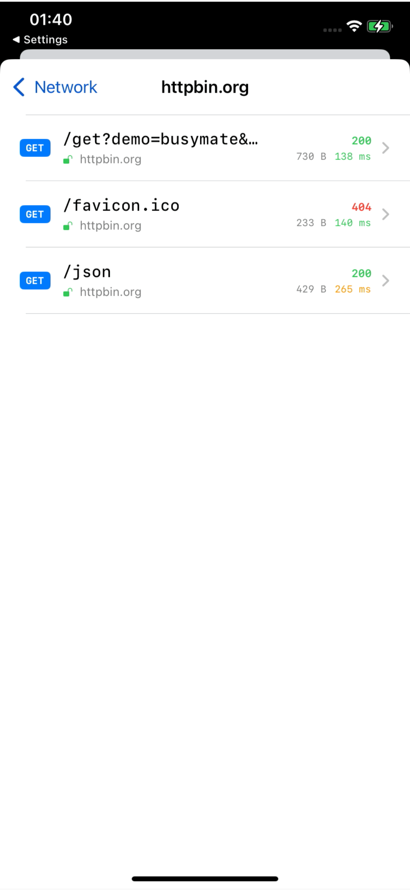 Busymate DevTools real-time network feed on iPhone