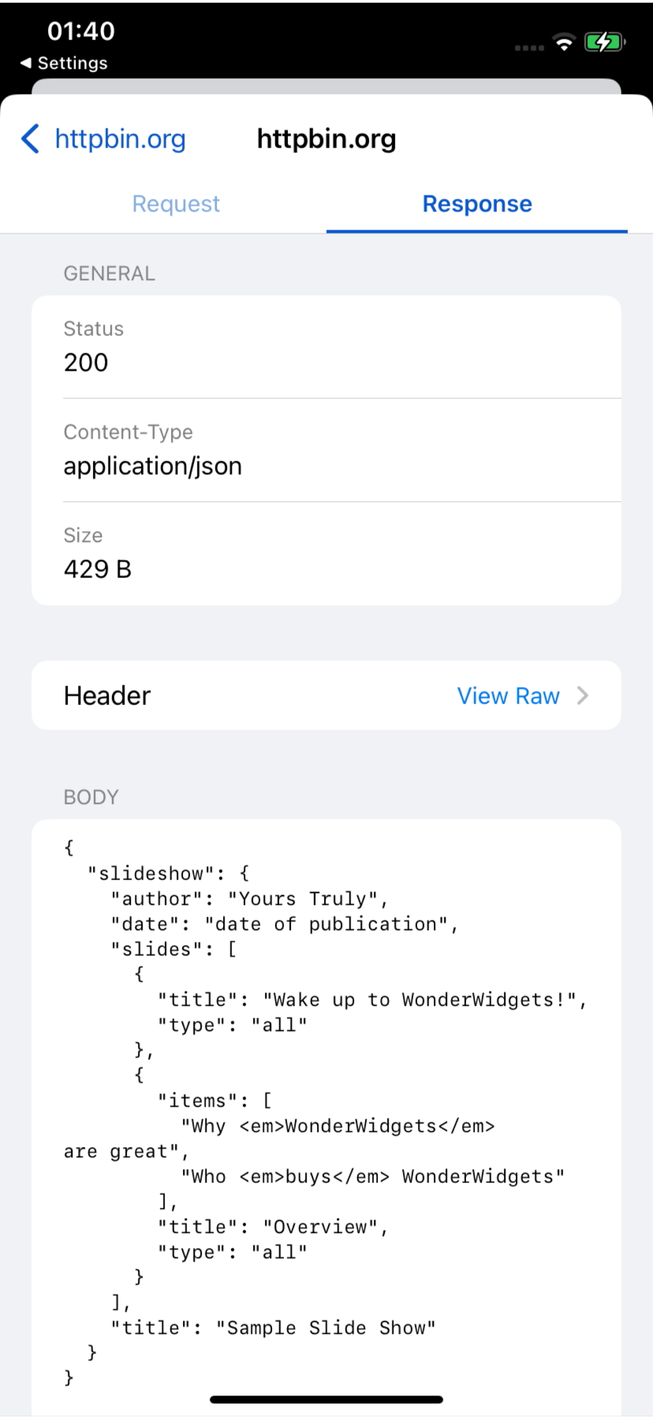 Busymate DevTools request detail view on iPhone