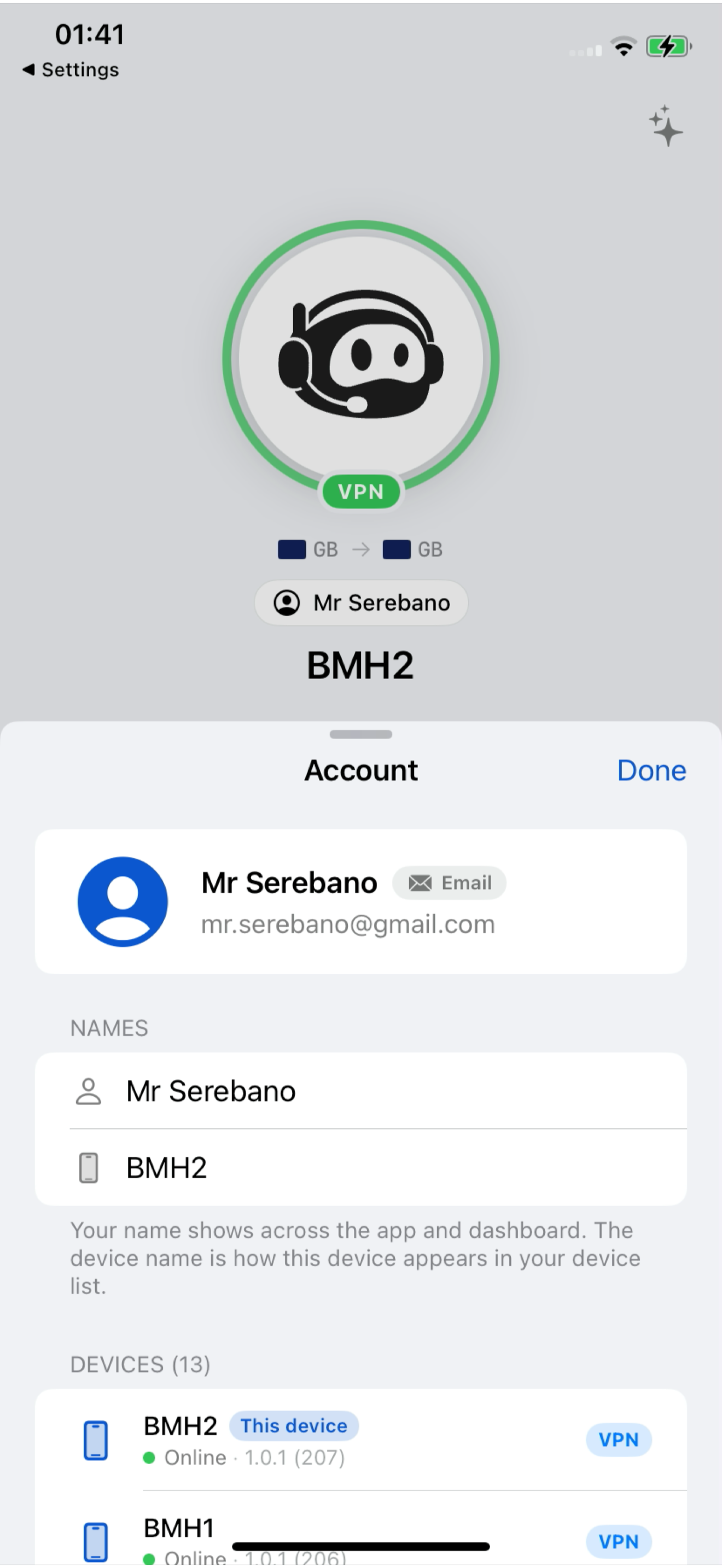 Busymate DevTools account & sync screen on iPhone